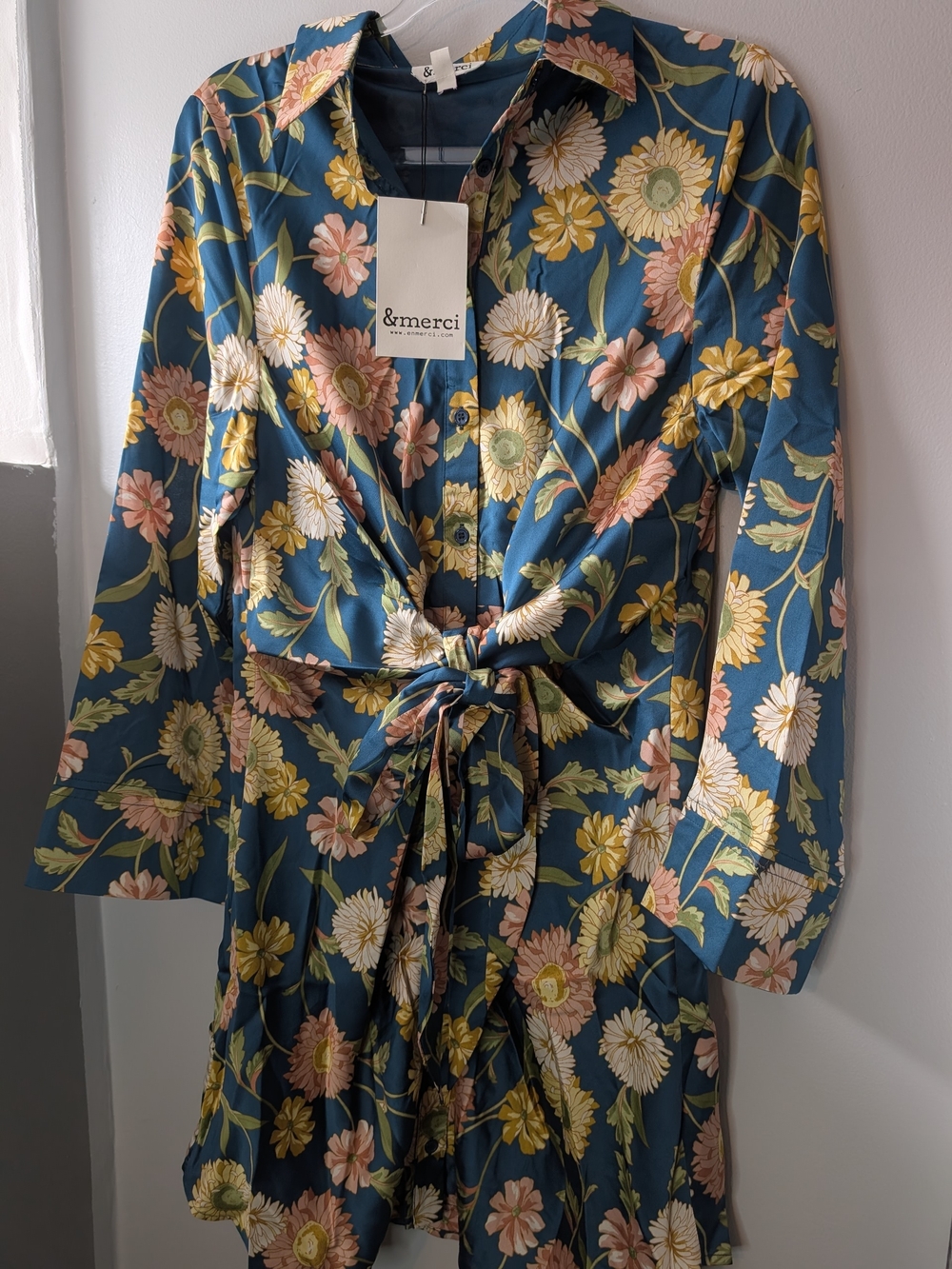 &merci Teal Floral Tie-Waist Mini Dress